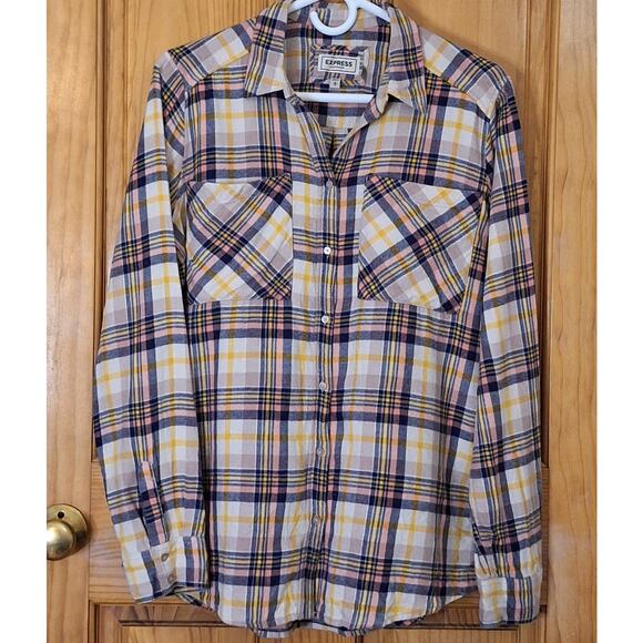 EXPRESS Shirt Women's Medium Boyfriend Flannel Classic Plaid Preppy Comfy Cozy - Picture 1 of 6